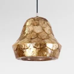 Koru Hanging Lamp with Capiz - Futuristic Wicker Light Decor - off